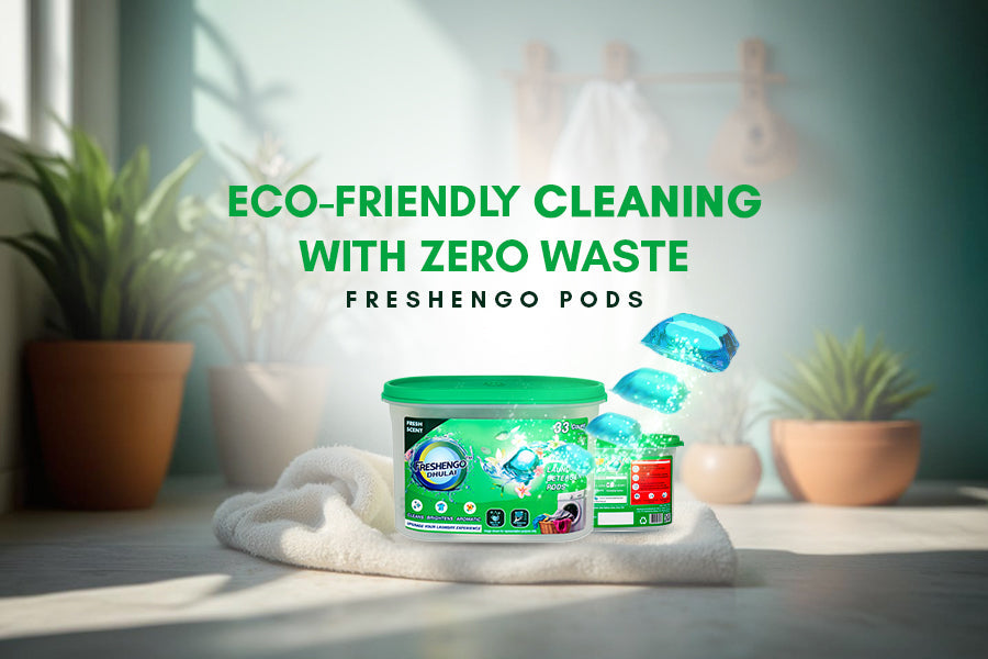 Freshengo Dhulai laundry pods displayed on a towel in a sunlit room with indoor plants, promoting eco-friendly and zero waste cleaning.