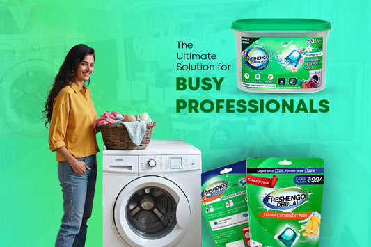 A woman with a laundry basket beside a washing machine, promoting FreshenGo Dhulai laundry pods as the ultimate solution for busy professionals.