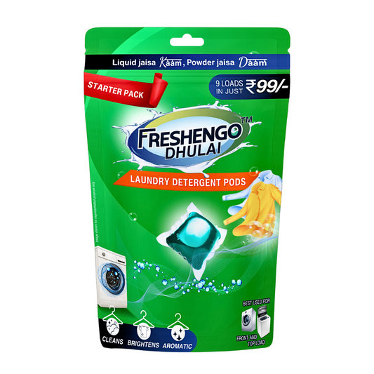 Freshengo Dhulai Starter pack 3 in1 Laundry Pods - 9 units of dissolvable Laundry Detergent Capsule with Stain Removal, Fabric Care and Long Lasting Fragrance