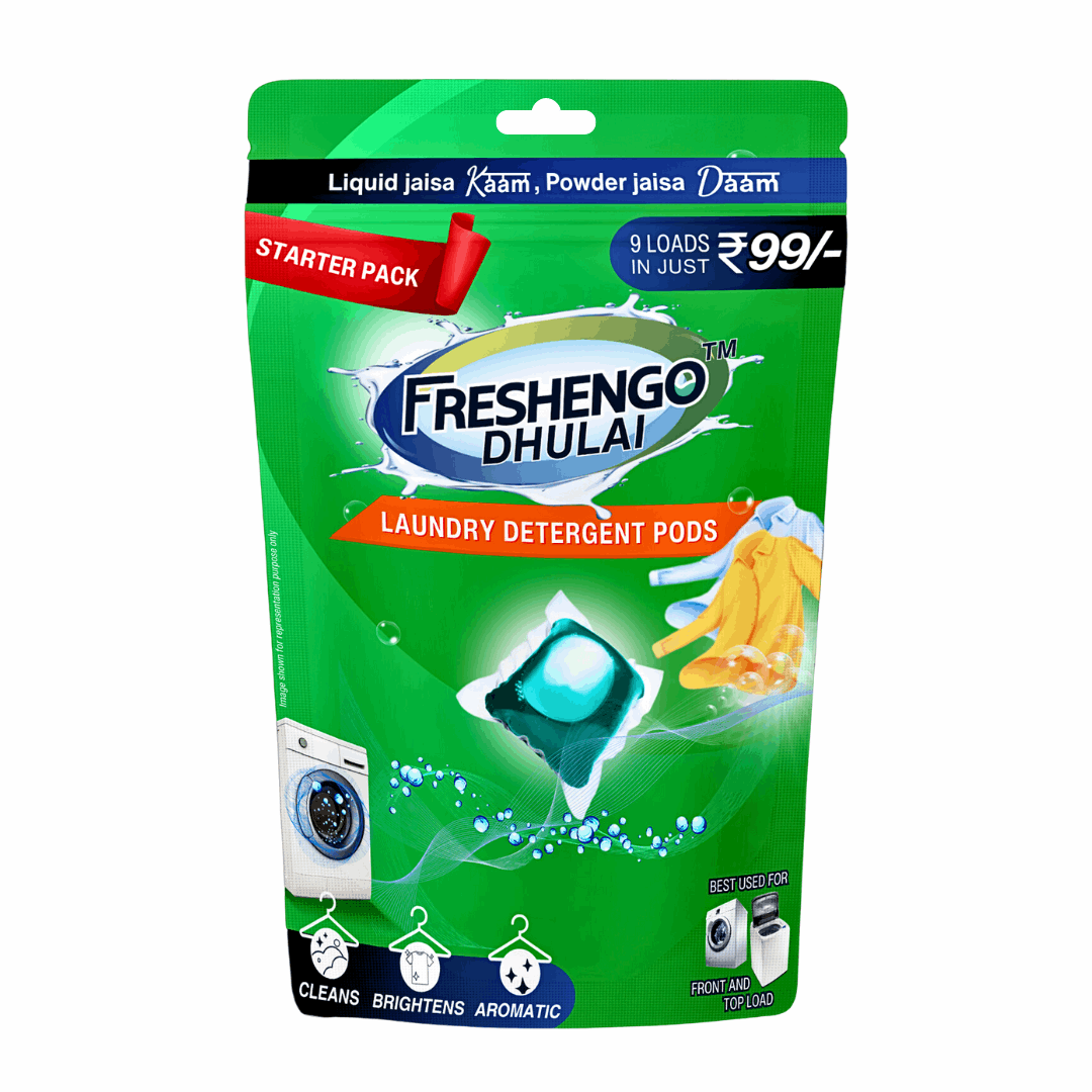 Freshengo Dhulai Starter Pack – 3-in-1 Laundry Pods (9 Units) | Dissolvable Detergent Capsules for Stain Removal, Fabric Care & Long-Lasting Fragrance