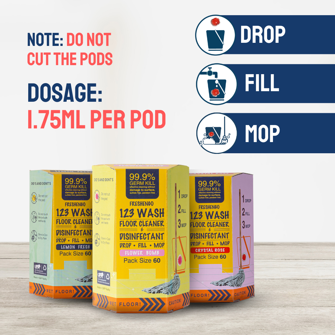 120 Pods Pack - 123WASH Floor Cleaner & Disinfectant Surface Liquid Pods, Lemon Fresh | Kills 99.9% Germs | India's # 1 Floor Cleaner & Disinfectant Pods | Single Use - FRESHENGO